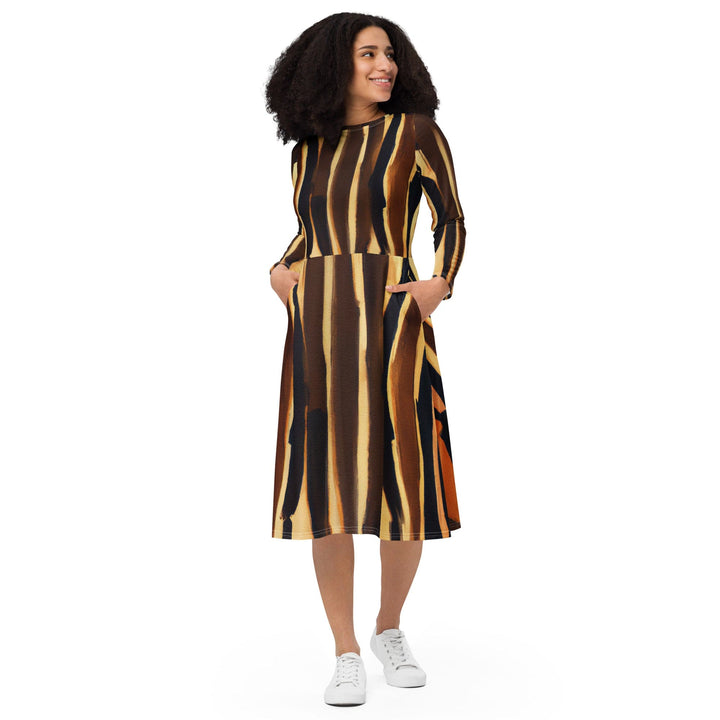 Womens Long Sleeve Midi Dress - Zorse Lines Print - Womens/Dresses/MIDI/AOP