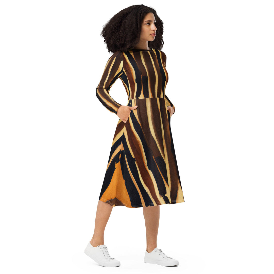 Womens Long Sleeve Midi Dress - Zorse Lines Print - Womens/Dresses/MIDI/AOP