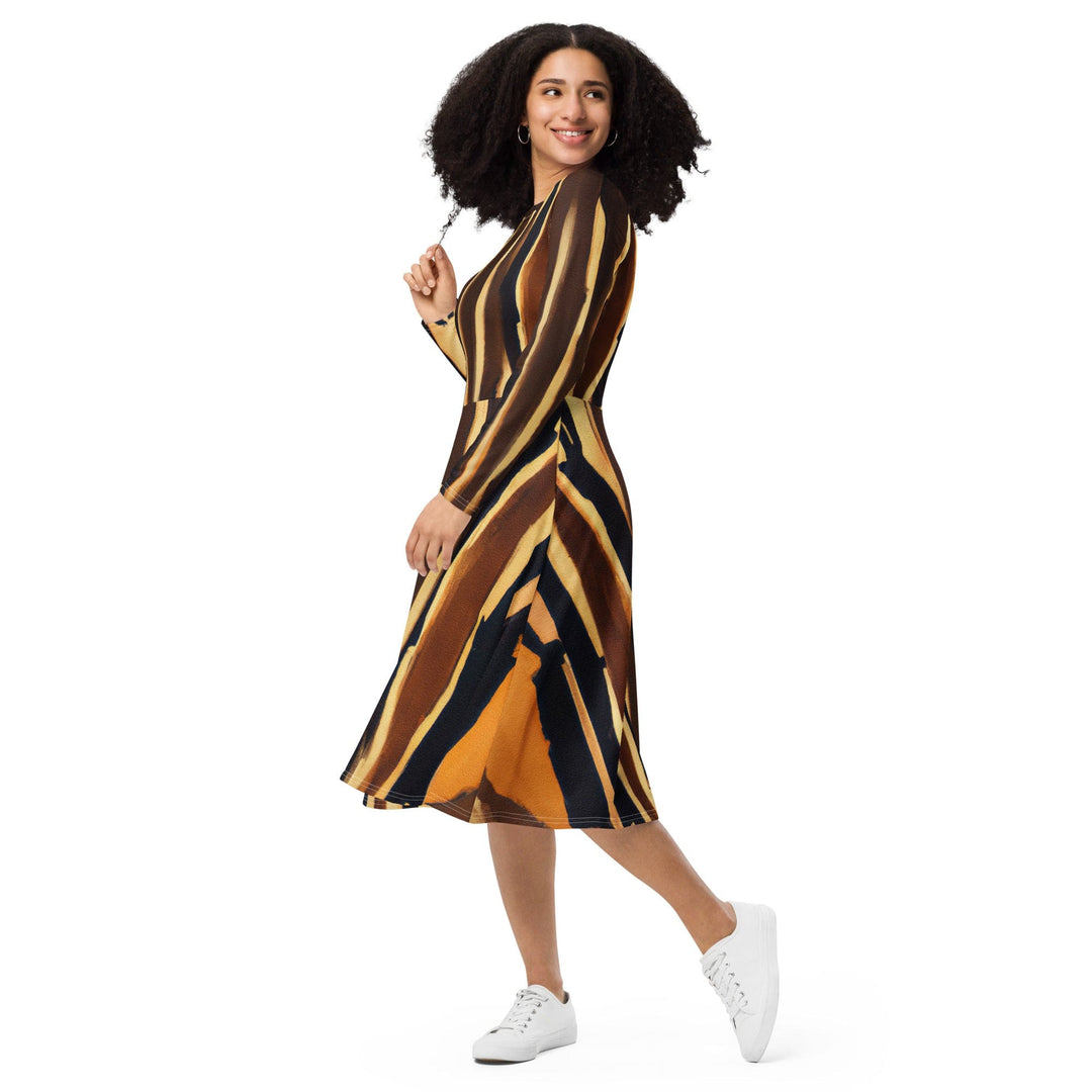 Womens Long Sleeve Midi Dress - Zorse Lines Print - Womens/Dresses/MIDI/AOP