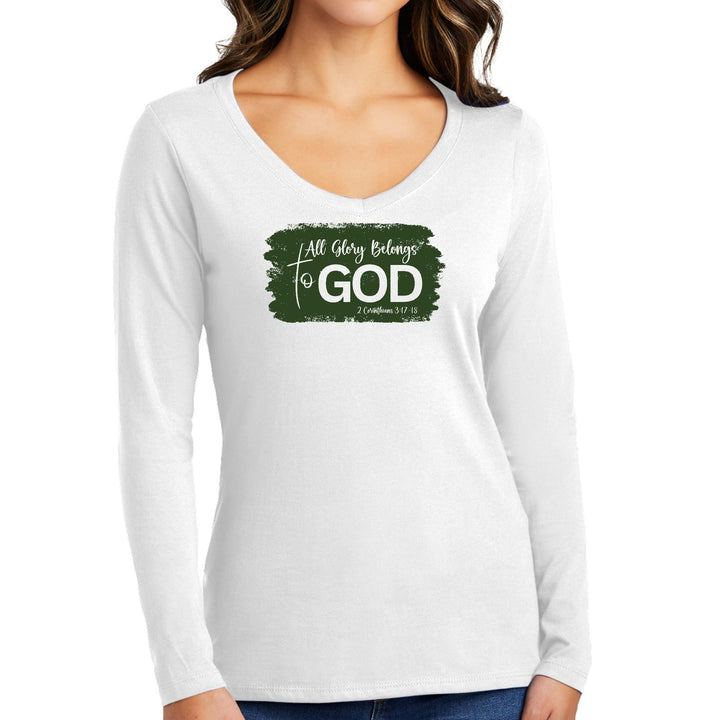 Womens Long Sleeve V-neck Graphic T-shirt All Glory Belongs To God, - Womens