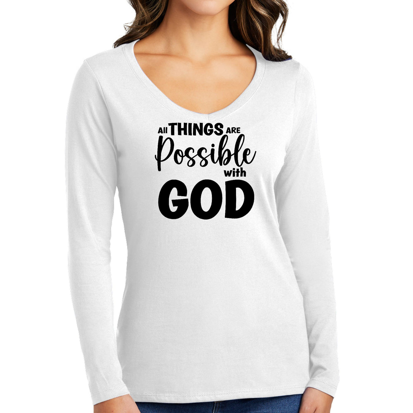 Womens Long Sleeve V-neck Graphic T-shirt All Things Are Possible - Womens