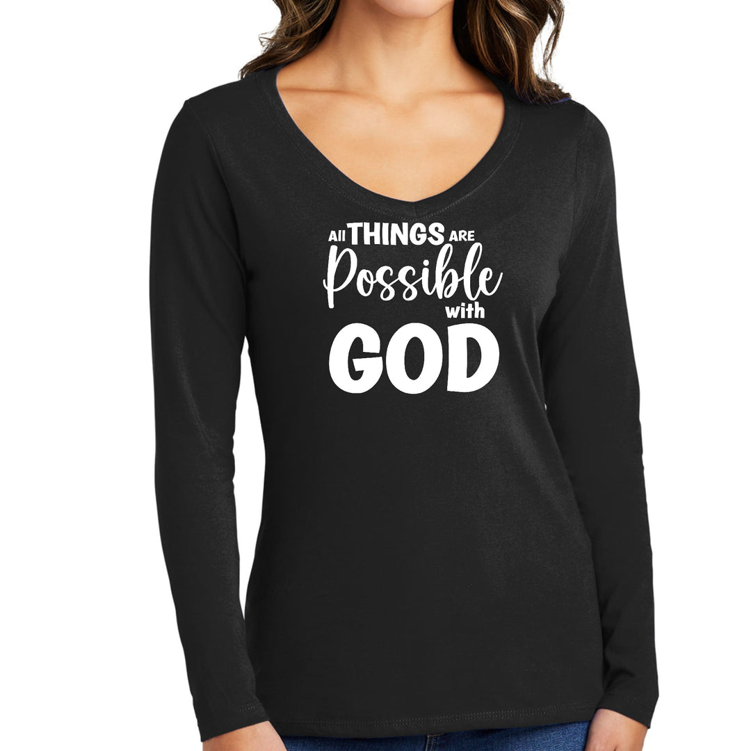 Womens Long Sleeve V-neck Graphic T-shirt All Things are Possible - Womens