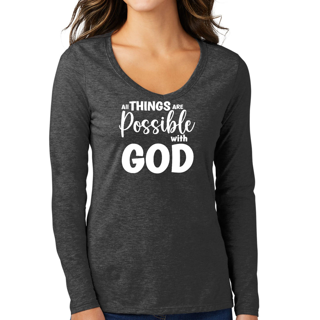 Womens Long Sleeve V-neck Graphic T-shirt All Things are Possible - Womens