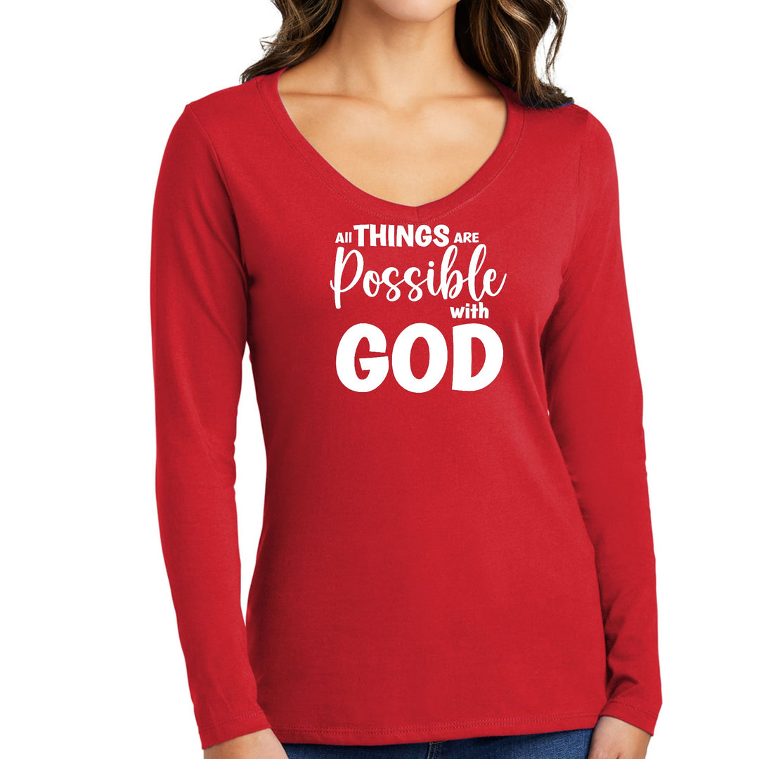 Womens Long Sleeve V-neck Graphic T-shirt All Things are Possible - Womens