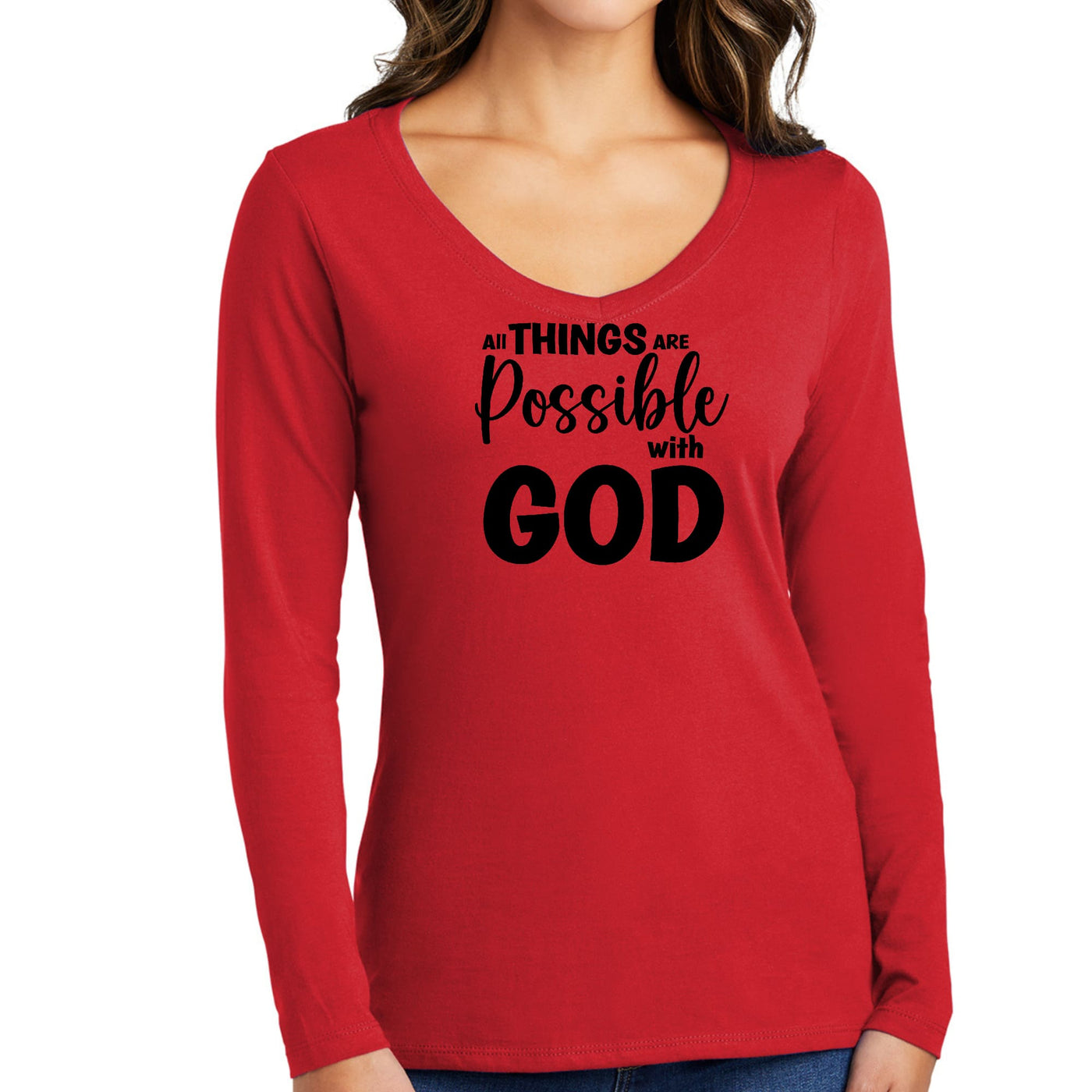 Womens Long Sleeve V-neck Graphic T-shirt All Things Are Possible - Womens