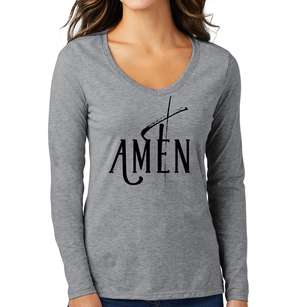 Womens Long Sleeve V-neck Graphic T-shirt Amen Black Print - Womens | T-Shirts