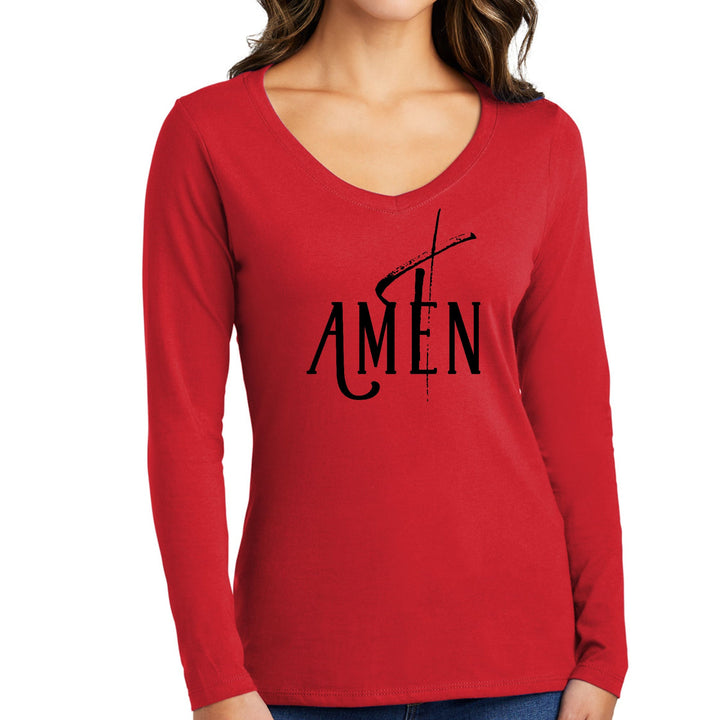 Womens Long Sleeve V-neck Graphic T-shirt Amen Black Print - Womens | T-Shirts