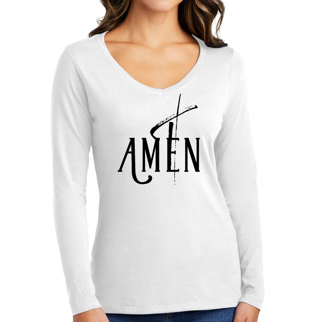 Womens Long Sleeve V-neck Graphic T-shirt Amen Black Print - Womens | T-Shirts