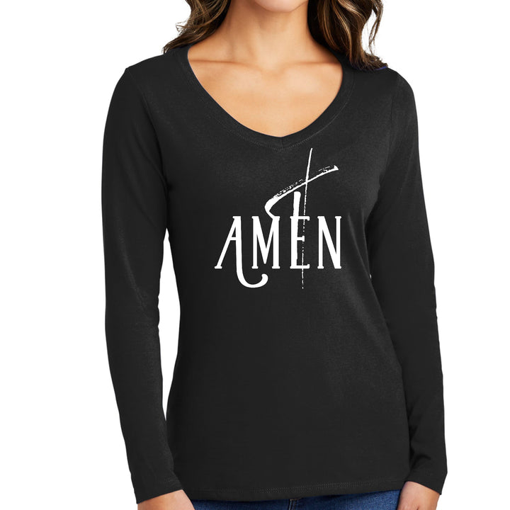 Womens Long Sleeve V-neck Graphic T-shirt - Amen White Print
