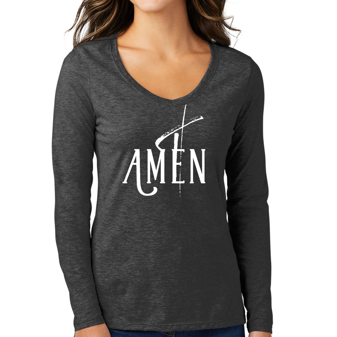 Womens Long Sleeve V-neck Graphic T-shirt - Amen White Print
