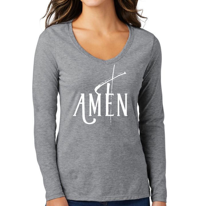 Womens Long Sleeve V-neck Graphic T-shirt - Amen White Print