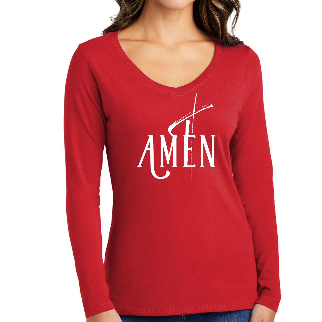 Womens Long Sleeve V-neck Graphic T-shirt - Amen White Print