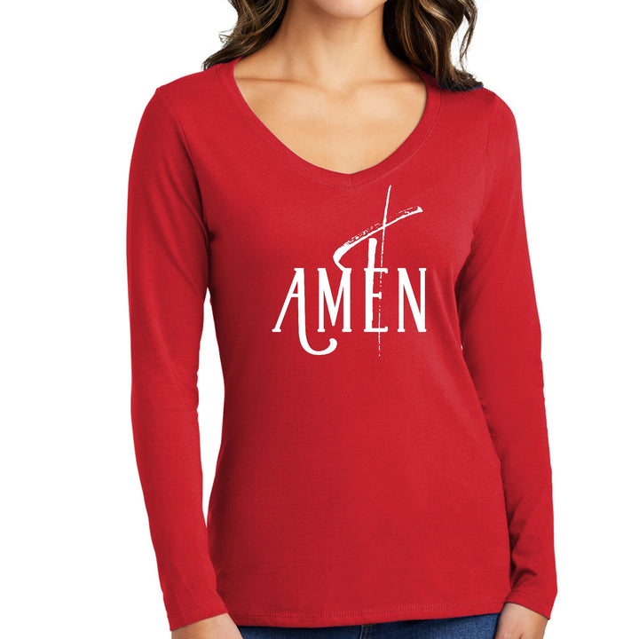 Womens Long Sleeve V-neck Graphic T-shirt - Amen White Print