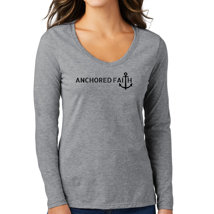 Womens Long Sleeve V-neck Graphic T-shirt - Anchored Faith Black Print