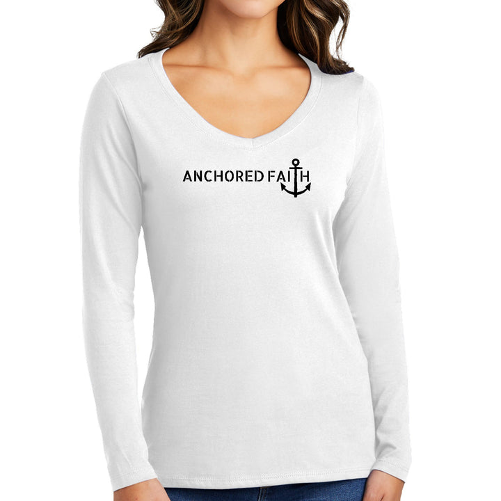Womens Long Sleeve V-neck Graphic T-shirt - Anchored Faith Black Print