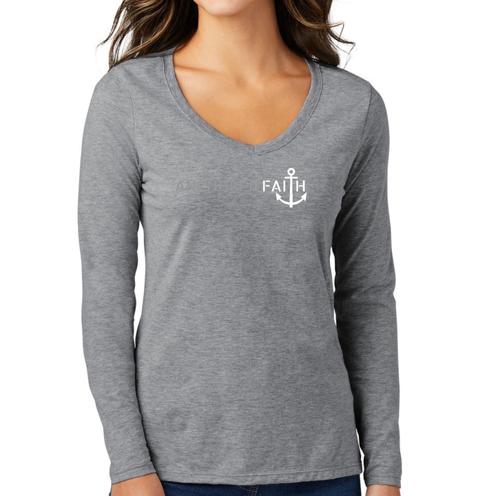 Womens Long Sleeve V-neck Graphic T-shirt - Anchored Faith Grey