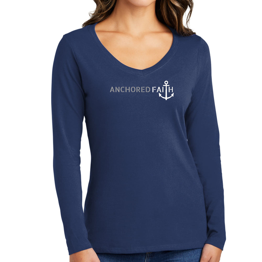 Womens Long Sleeve V-neck Graphic T-shirt - Anchored Faith Grey