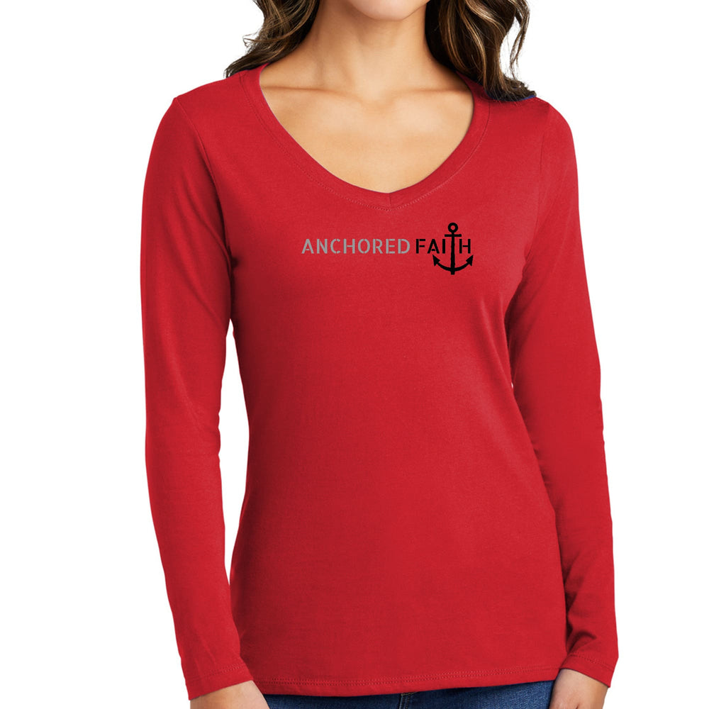 Womens Long Sleeve V-neck Graphic T-shirt Anchored Faith Grey - Womens