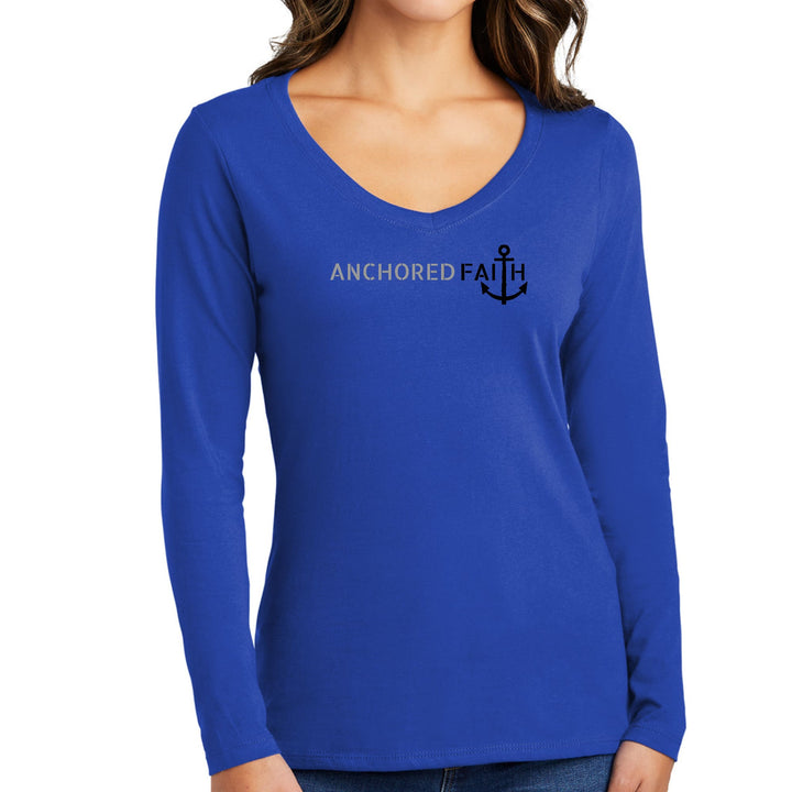 Womens Long Sleeve V-neck Graphic T-shirt - Anchored Faith Grey - Womens