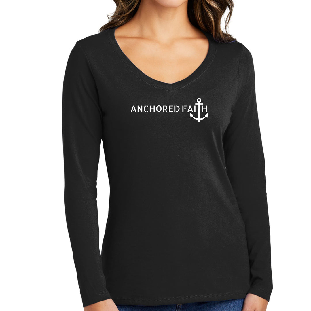 Womens Long Sleeve V-neck Graphic T-shirt - Anchored Faith Print