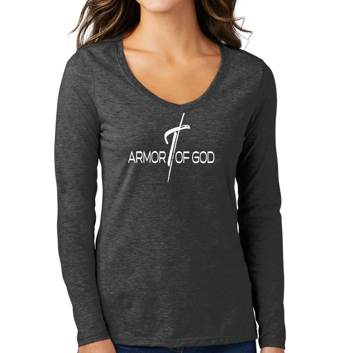 Womens Long Sleeve V-neck Graphic T-shirt Armor of God Cross - Womens