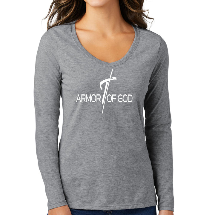 Womens Long Sleeve V-neck Graphic T-shirt Armor of God Cross - Womens