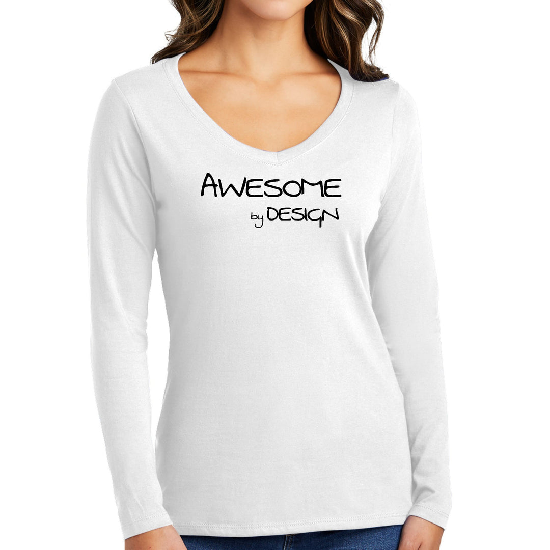 Womens Long Sleeve V-neck Graphic T-shirt Awesome By Design Black - Womens