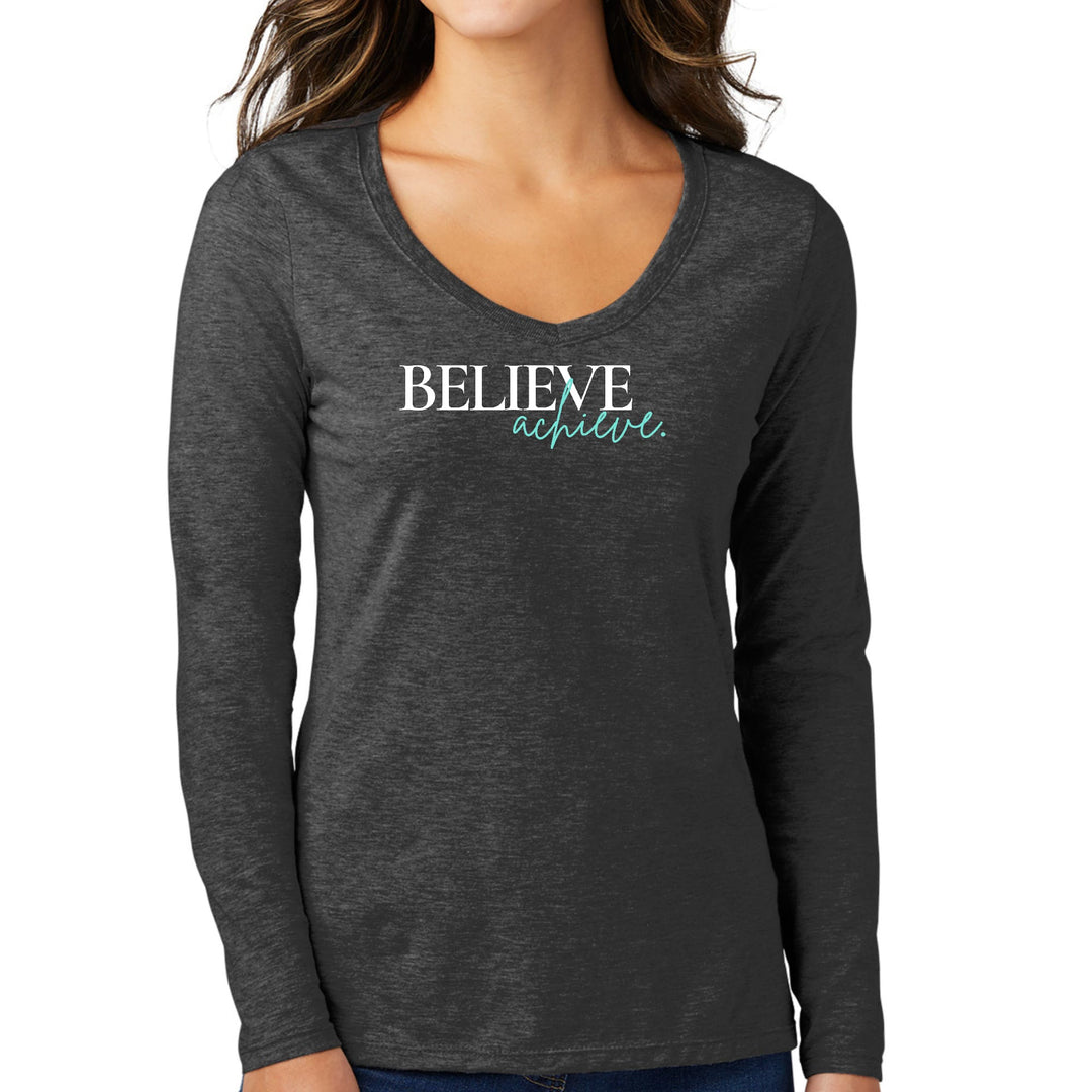 Womens Long Sleeve V-neck Graphic T-shirt - Believe and Achieve - Womens