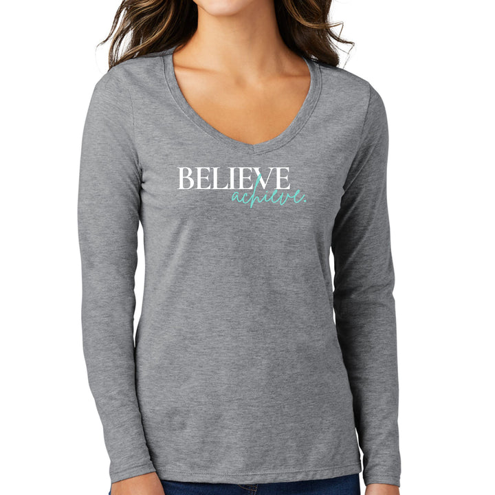 Womens Long Sleeve V-neck Graphic T-shirt - Believe and Achieve - Womens