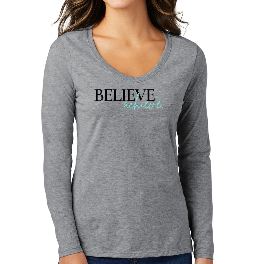 Womens Long Sleeve V-neck Graphic T-shirt - Believe and Achieve - Womens