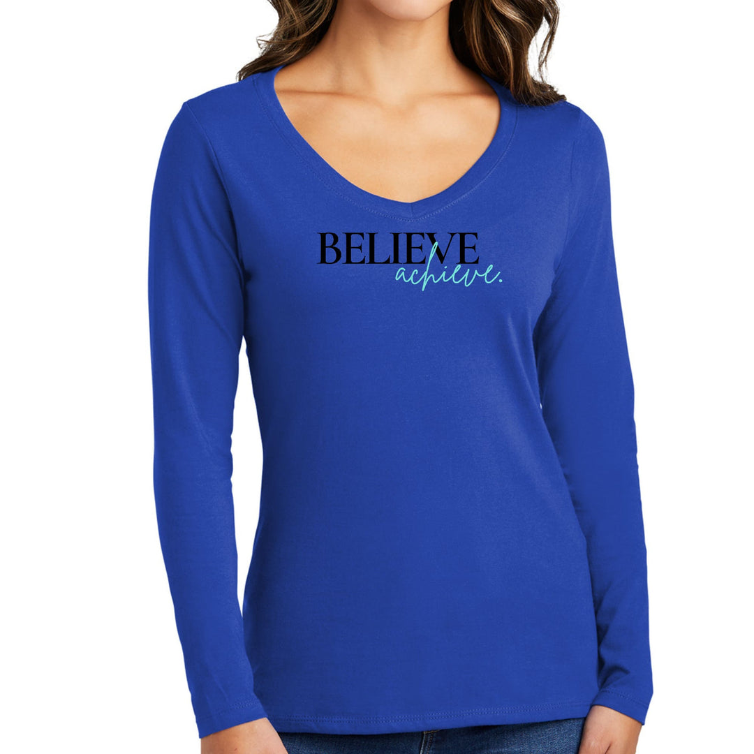 Womens Long Sleeve V-neck Graphic T-shirt - Believe and Achieve - Womens