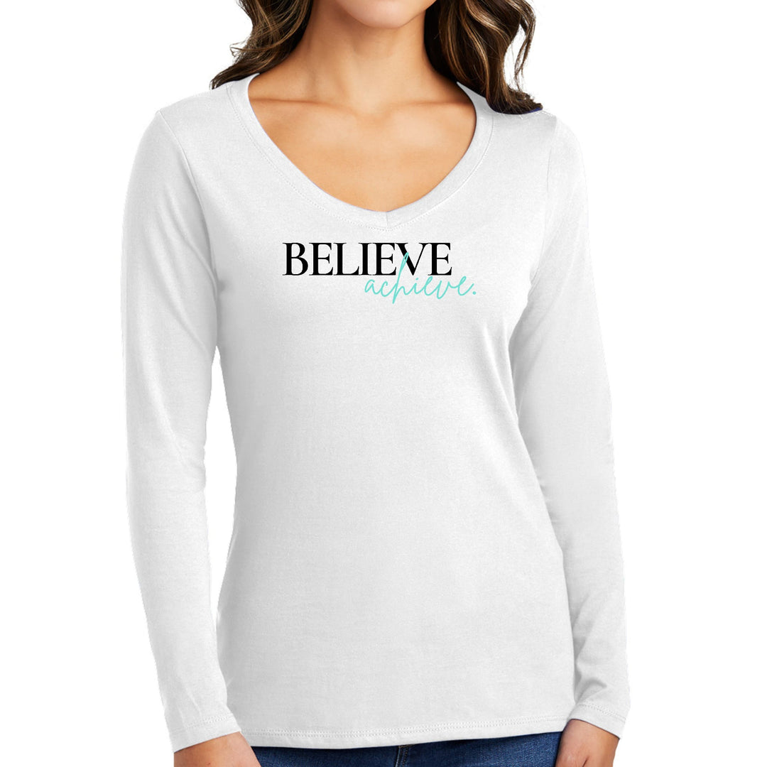 Womens Long Sleeve V-neck Graphic T-shirt Believe and Achieve - Womens