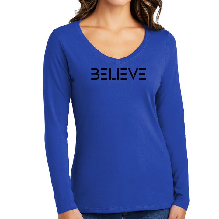 Womens Long Sleeve V-neck Graphic T-shirt Believe Black Print - Womens