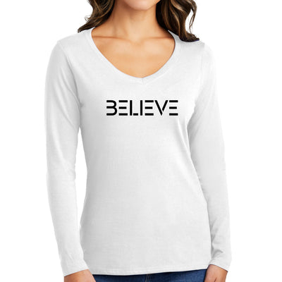 Womens Long Sleeve V - neck Graphic T - shirt Believe Black Print - Womens | T