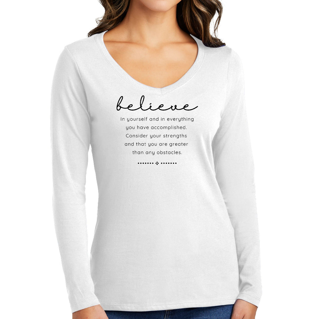 Womens Long Sleeve V-neck Graphic T-shirt - Believe in Yourself