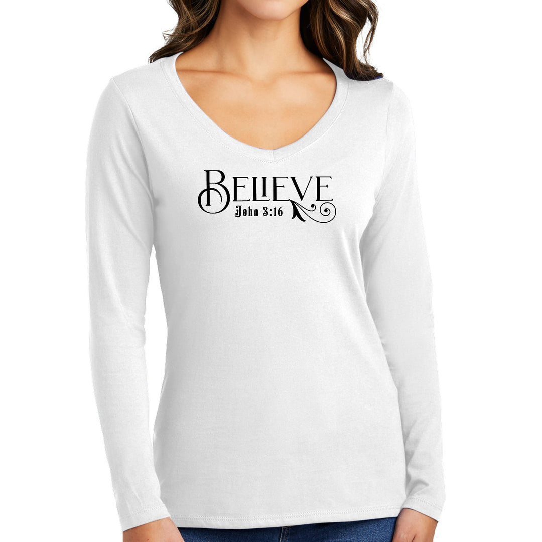 Womens Long Sleeve V-neck Graphic T-shirt Believe John 3:16 Black - Womens