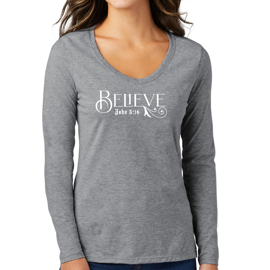 Womens Long Sleeve V-neck Graphic T-shirt - Believe John 3:16 - Womens