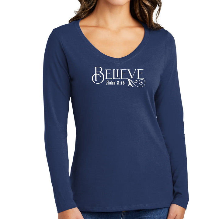 Womens Long Sleeve V-neck Graphic T-shirt - Believe John 3:16 - Womens