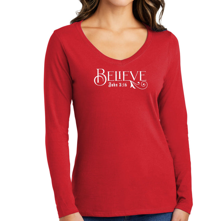 Womens Long Sleeve V-neck Graphic T-shirt - Believe John 3:16 - Womens