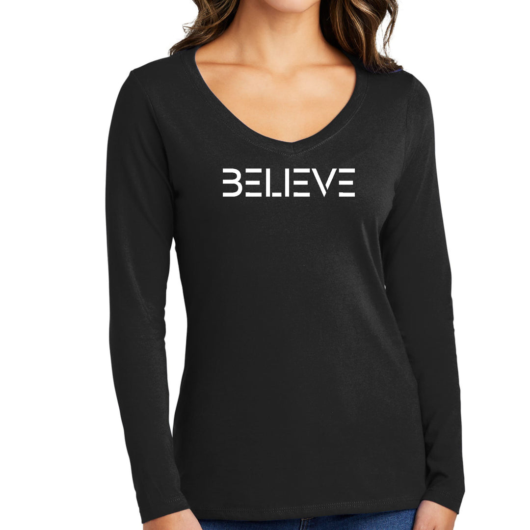 Womens Long Sleeve V-neck Graphic T-shirt Believe White Print - Womens