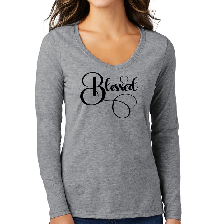 Womens Long Sleeve V-neck Graphic T-shirt Blessed Black Graphic - Womens