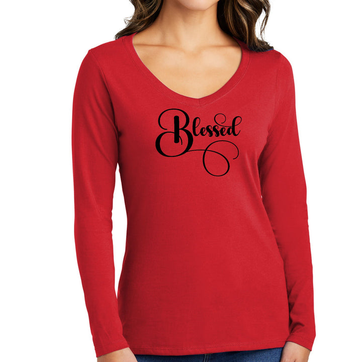 Womens Long Sleeve V-neck Graphic T-shirt Blessed Black Graphic - Womens