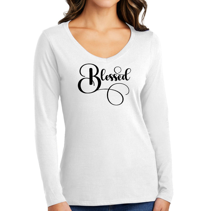 Womens Long Sleeve V-neck Graphic T-shirt Blessed Black Graphic - Womens