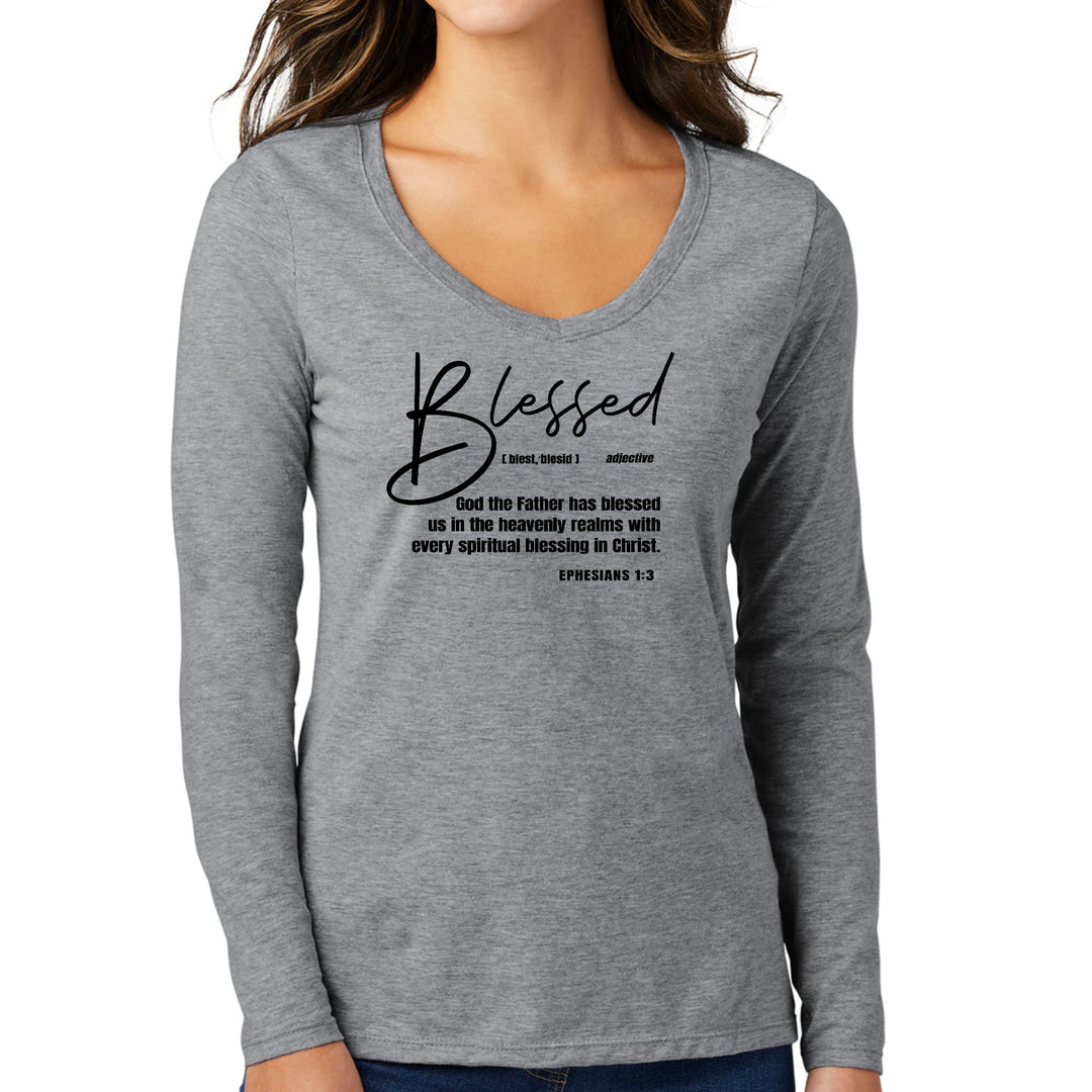 Womens Long Sleeve V-neck Graphic T-shirt - Blessed in Christ - Womens