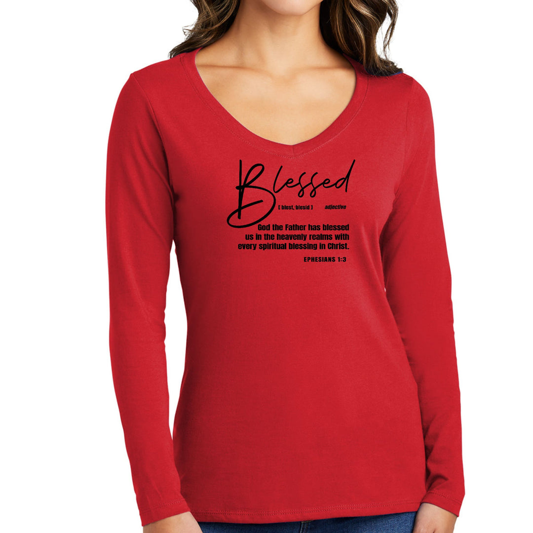 Womens Long Sleeve V-neck Graphic T-shirt - Blessed in Christ - Womens