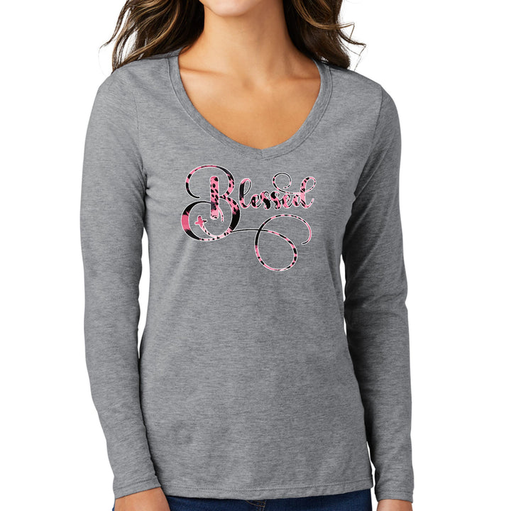 Womens Long Sleeve V-neck Graphic T-shirt Blessed Pink And Black - Womens