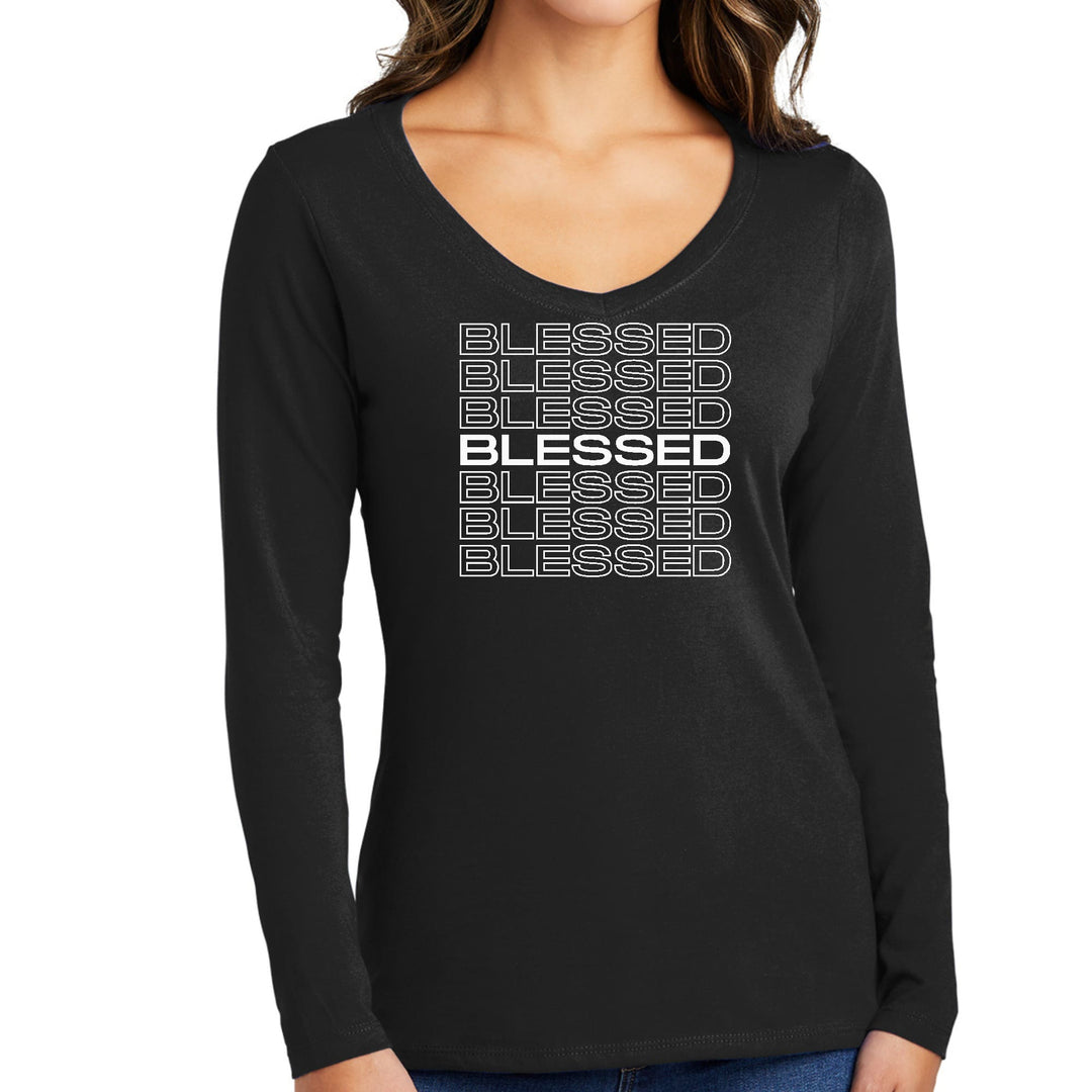 Womens Long Sleeve V-neck Graphic T-shirt Blessed Stacked Print - Womens