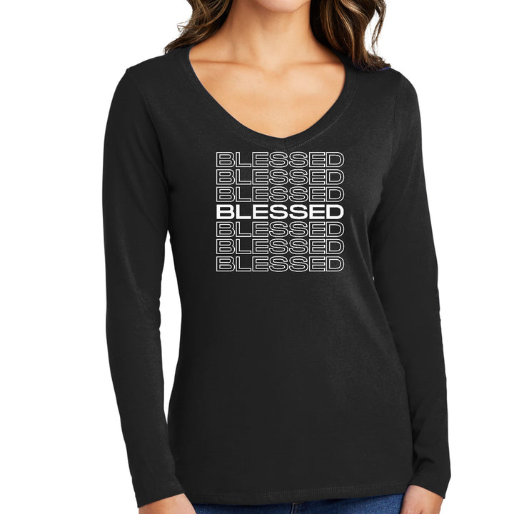 Womens Long Sleeve V-neck Graphic T-shirt - Blessed Stacked Print - Womens