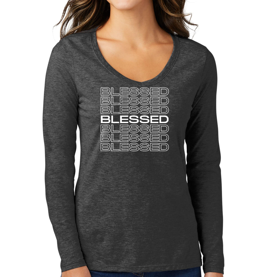 Womens Long Sleeve V-neck Graphic T-shirt - Blessed Stacked Print - Womens