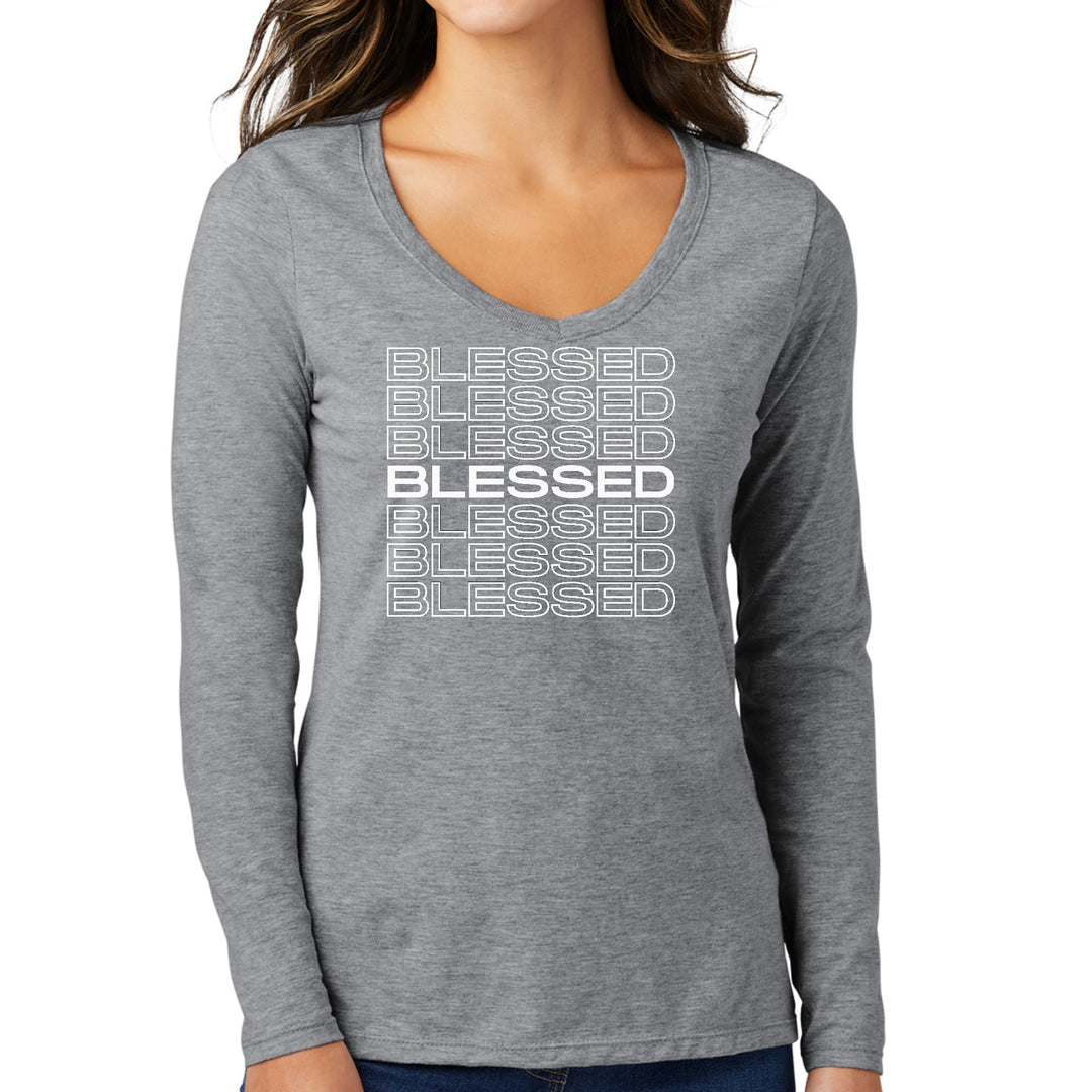 Womens Long Sleeve V-neck Graphic T-shirt - Blessed Stacked Print - Womens